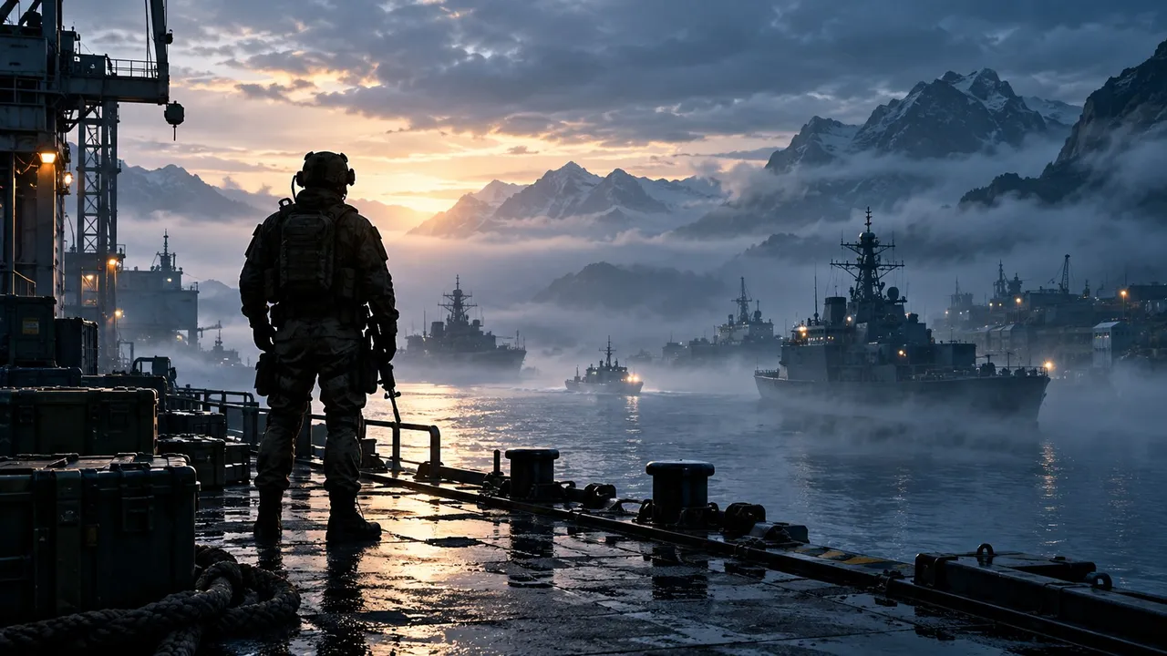 Ilustração gerada por IA de um soldado visto de costas em um cais com navios de guerra entre neblina e montanhas ao amanhecer