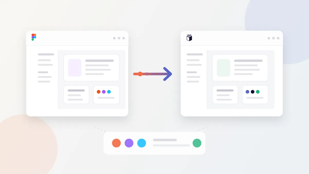 Pranchetas de interface com componentes e amostras de tokens entre as marcas Figma e Penpot.