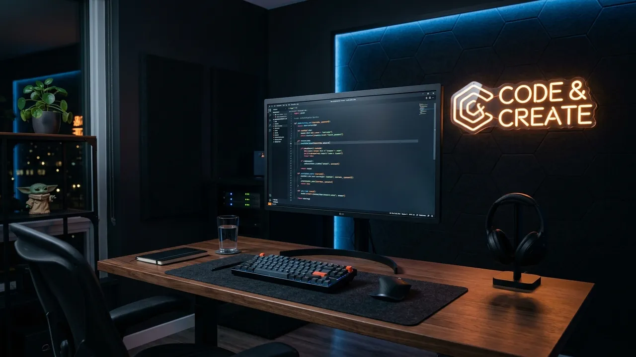 Ambiente de desenvolvimento com código em tela e iluminação moderna