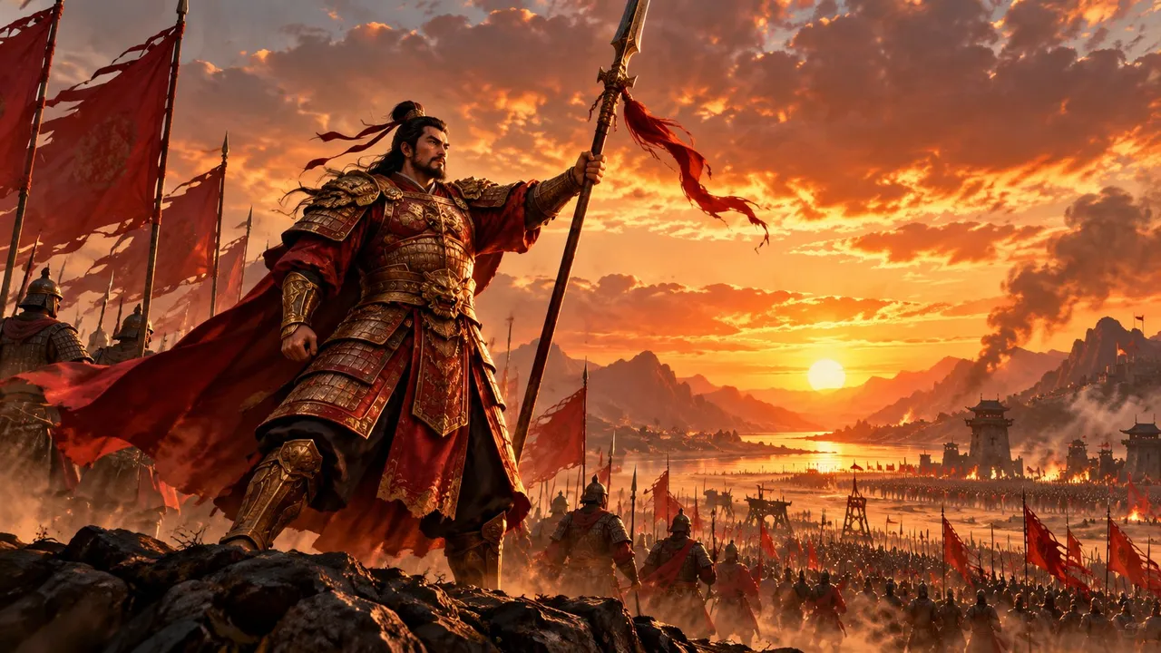 Ilustração gerada por IA de um general em armadura vermelha e dourada erguendo uma lança diante de um exército em um campo de batalha ao pôr do sol