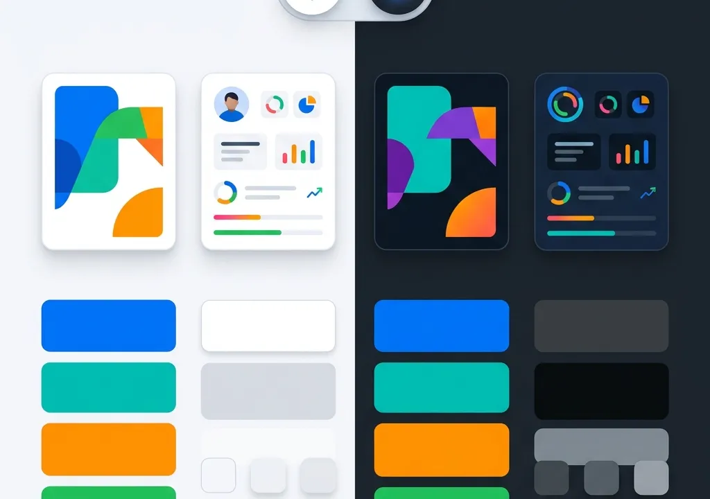 Mockup de interface mostrando transição entre tema claro e tema escuro no Figma