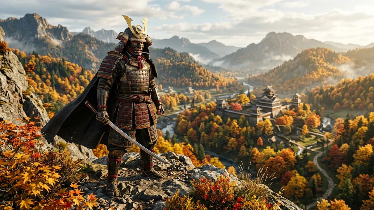 Guerreira samurai no topo de uma montanha no Japão feudal em Ghost of Yōtei no PS5 Pro