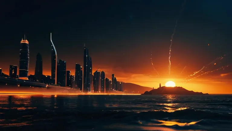 Ilustração conceitual gerada por IA de um horizonte de prédios altos à beira-mar com um sol alaranjado se pondo no oceano