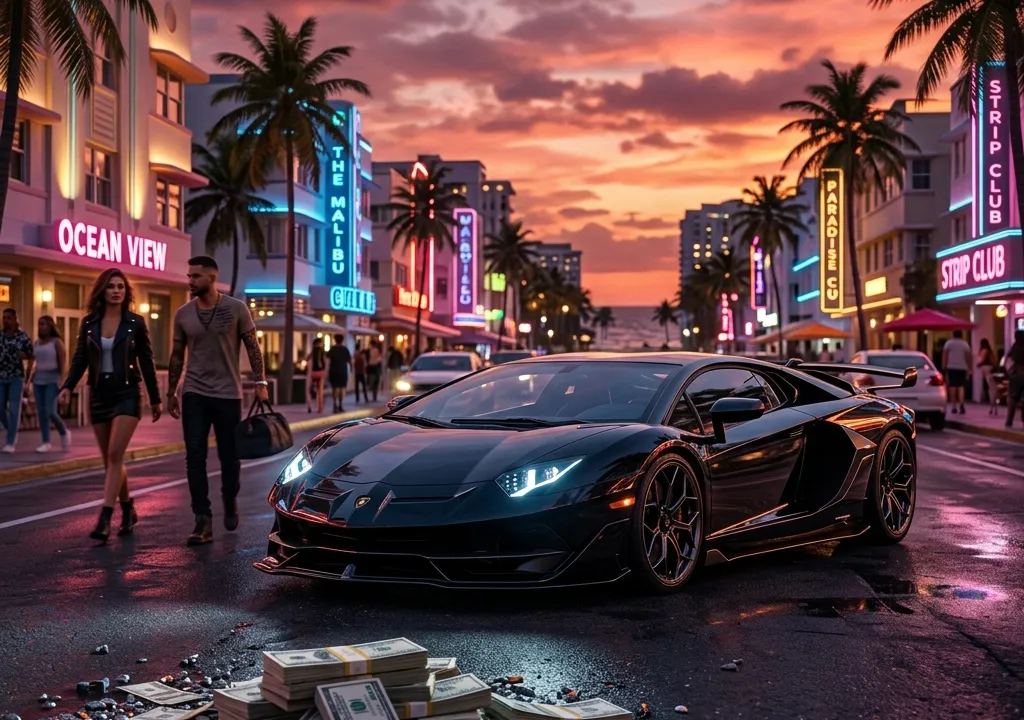 Ilustração gerada por IA de um carro esportivo preto em uma rua com palmeiras e letreiros de neon ao pôr do sol, com notas de dólar espalhadas no asfalto