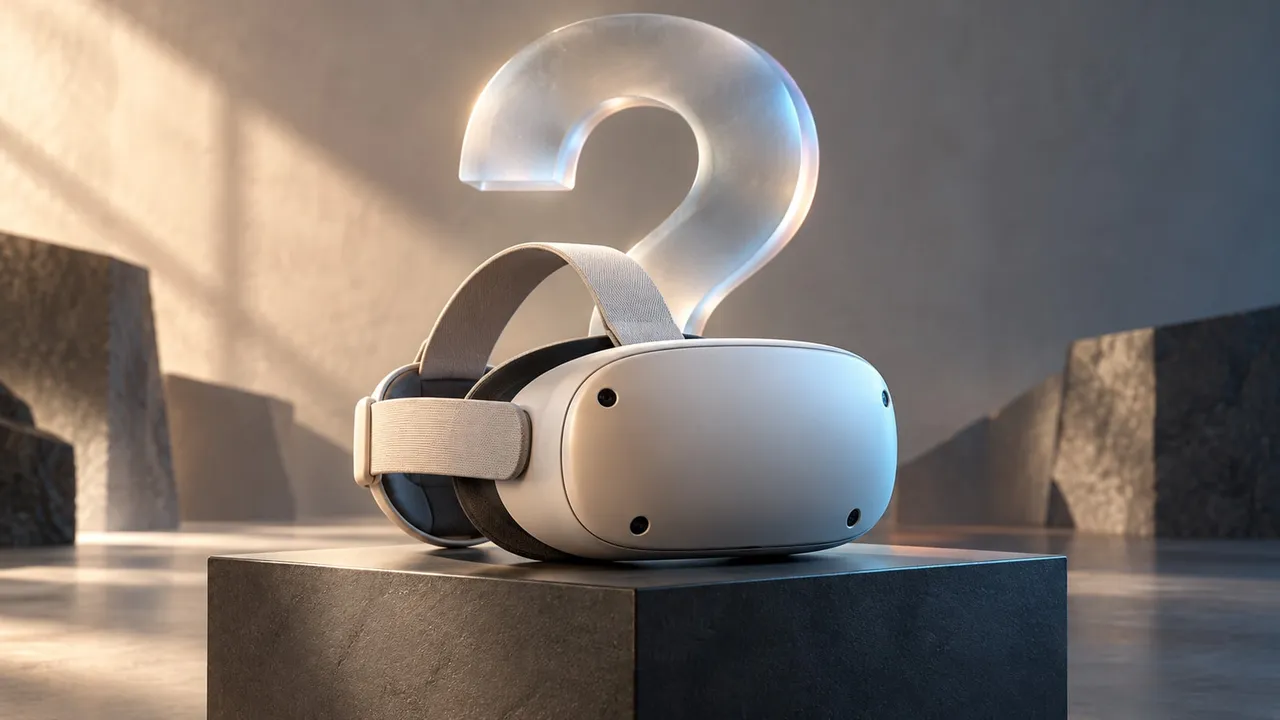 Ilustração conceitual gerada por IA de headset genérico sobre pedestal e interrogação ao fundo; não representa Quest 4, Vision Pro Lite ou modelo anunciado.
