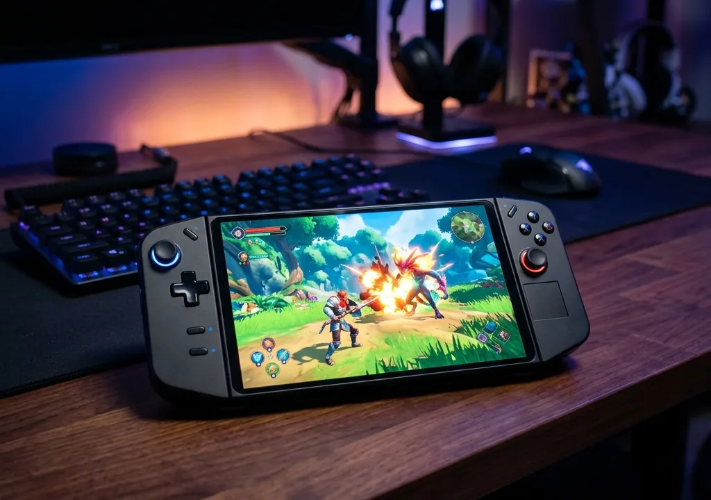 Ilustração conceitual gerada por IA de um console portátil sobre uma mesa com teclado e monitor