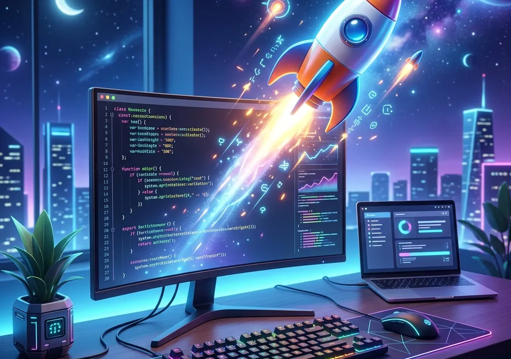 Rocket ship blasting off from computer screen representing Astro framework
