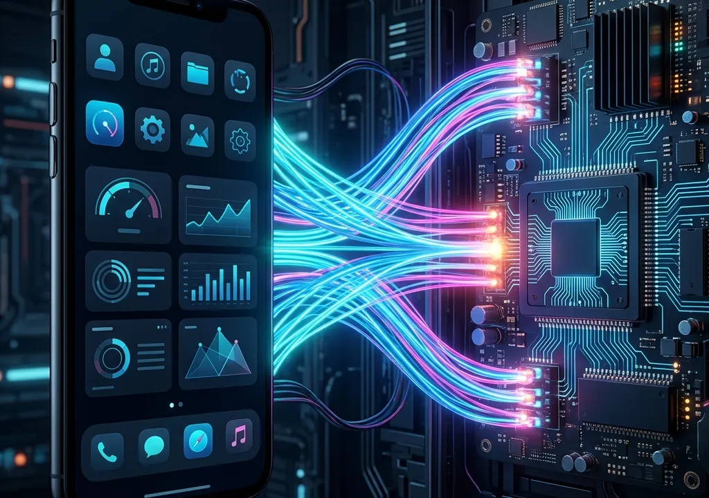Interface móvel escura com linhas de fibra óptica neon representando conexão direta de alta velocidade