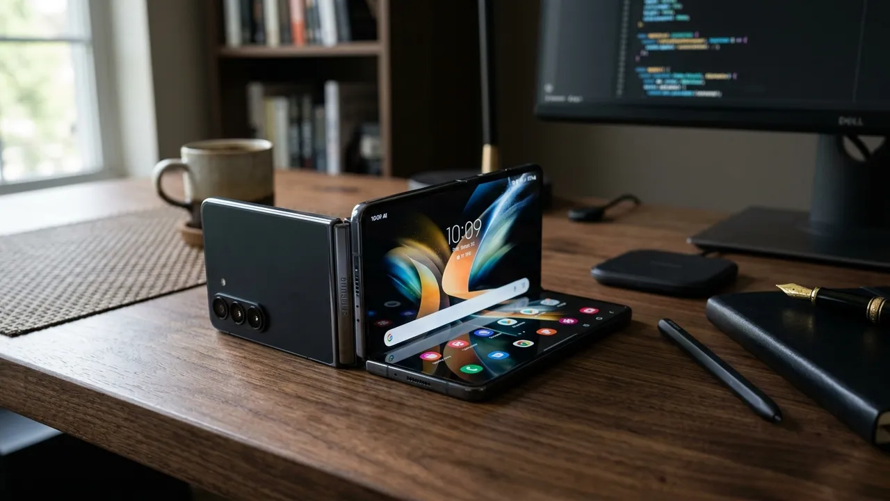 Samsung Galaxy Z Fold 6 entreaberto em uso de produtividade no trabalho
