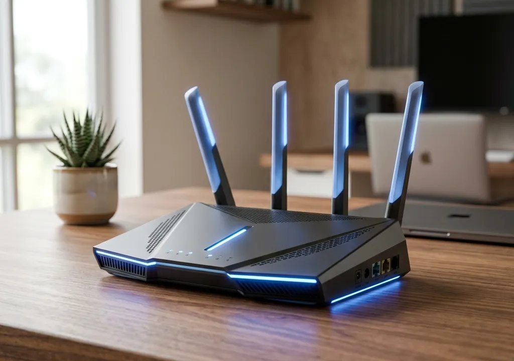 Roteador Wi-Fi 7 moderno em um escritório minimalista com iluminação em LED azul
